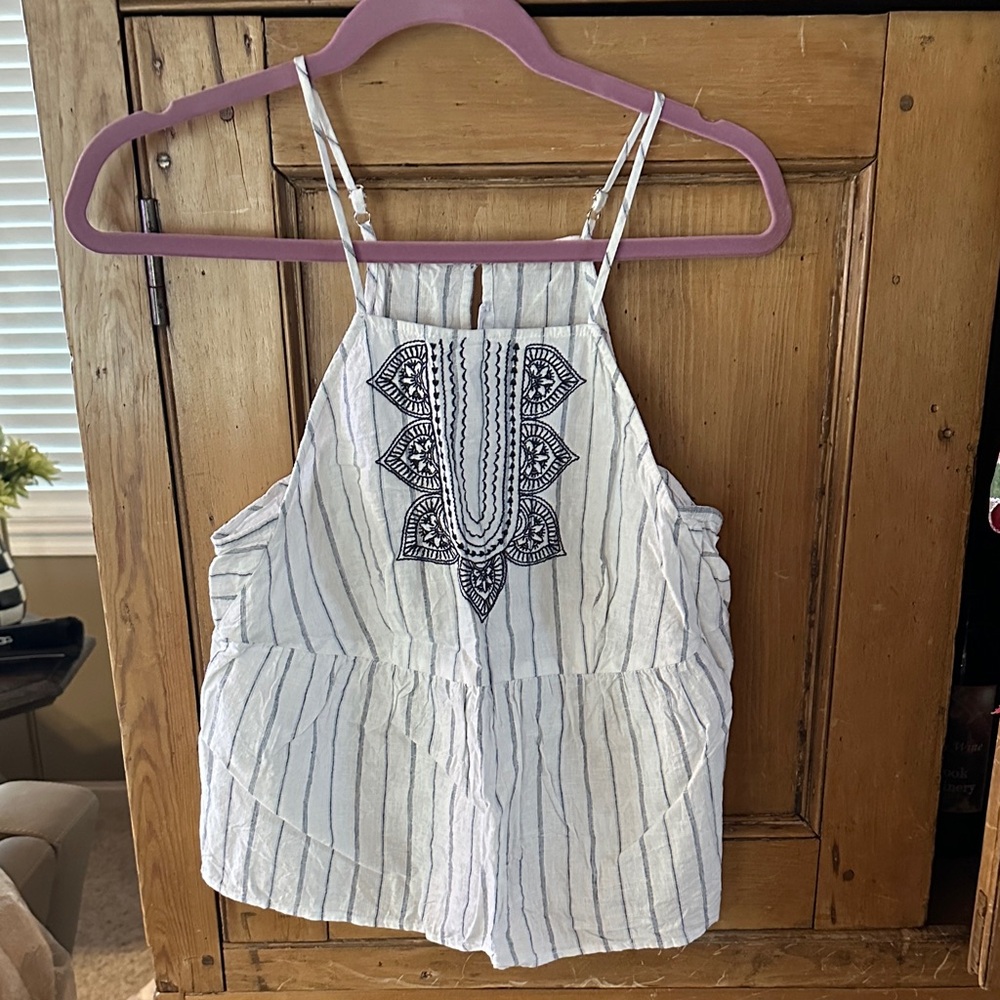 BCBG White and Black Striped Camisole with Embroidery